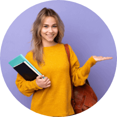 A smiling woman holds a book in one hand and a backpack in the other, exuding a cheerful and confident demeanor.