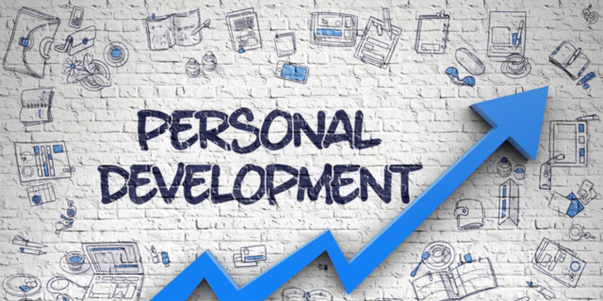 Personal development concept illustrated with an upward arrow and icons on a textured brick wall background.