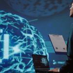 Generative AI Skills: The Future Training Need in Dubai A man in a suit stands before a computer screen displaying an AI logo, suggesting a professional tech environment.