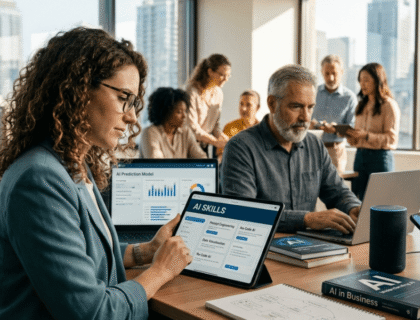 A group of professionals focused on their laptops while collaborating in a modern office environment.